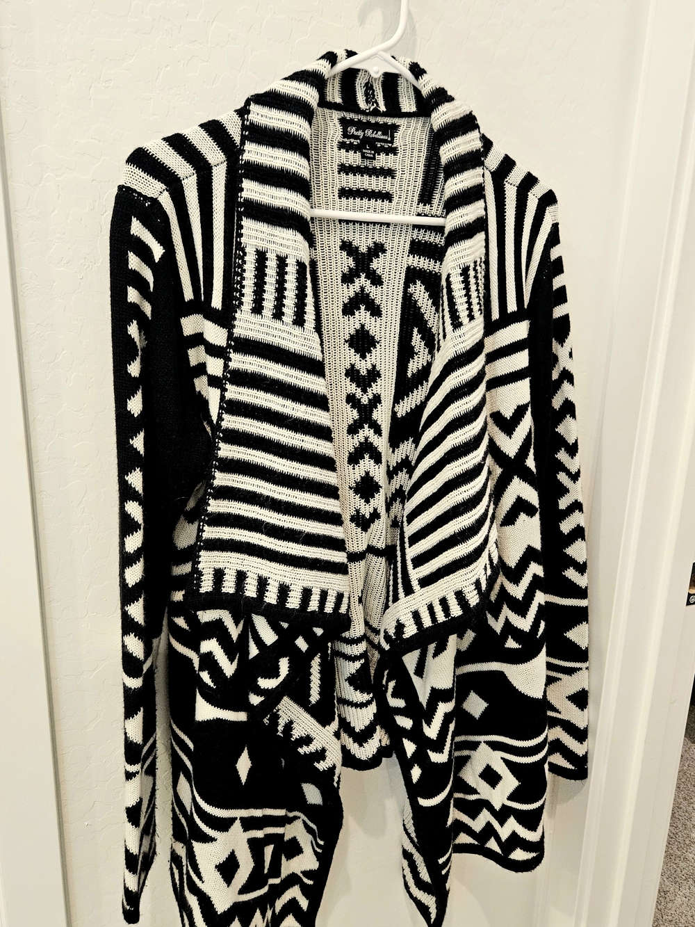 Pretty Rebellious Black & White Geometric Open-Front Cardigan Sweater